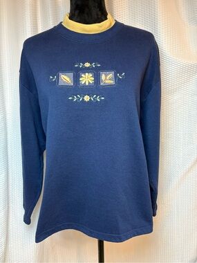 Top Stitch VTG Navy Blue Sweatshirt Yellow Collar Floral Embroidery L